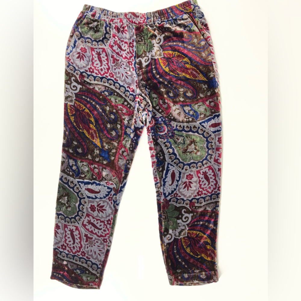 Zara Women Multicolor Paisley Crushed‎ Velvet Straight Leg Pants Size Large